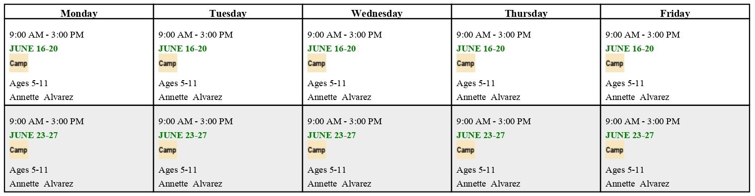 summer camp calendar