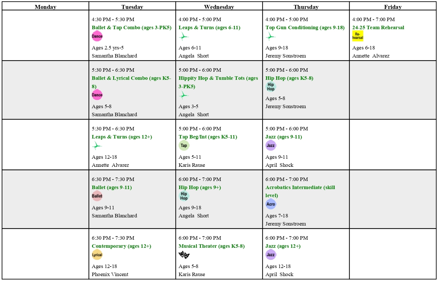 summer class calendar
